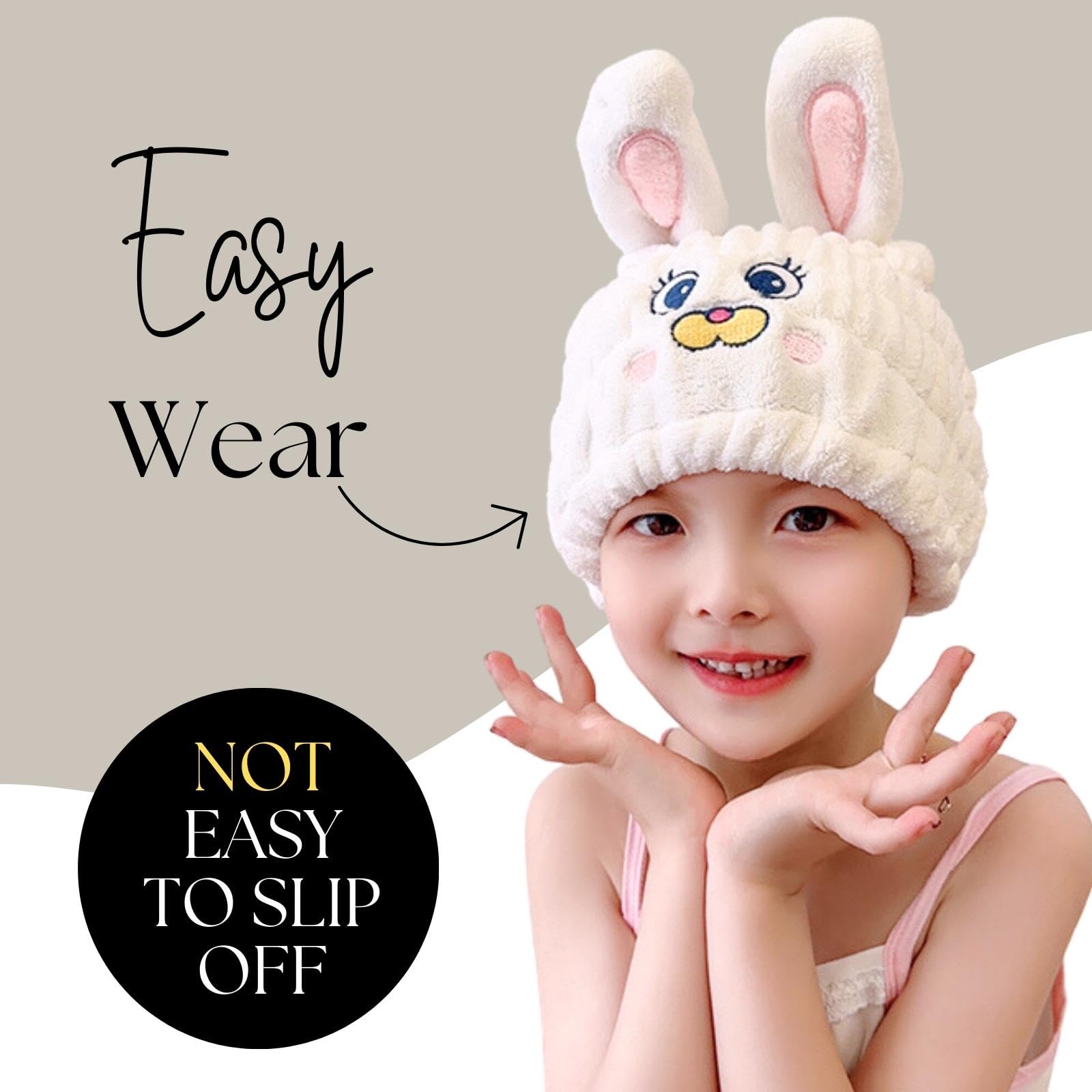 LCBD Microfiber Hair Towel Wrap for Kids, White Rabbit Dry Hair Cap Set with Hair Scrunchies, Absorbent Quick Hair Drying Towel